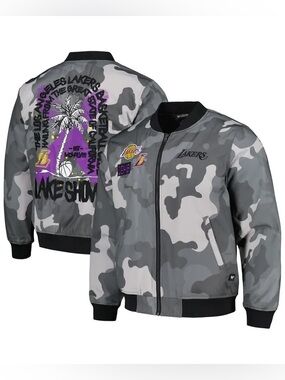 The Wild Collective Gray LA Lakers 2023/24 City Edition Camo Bomber Jacket Small